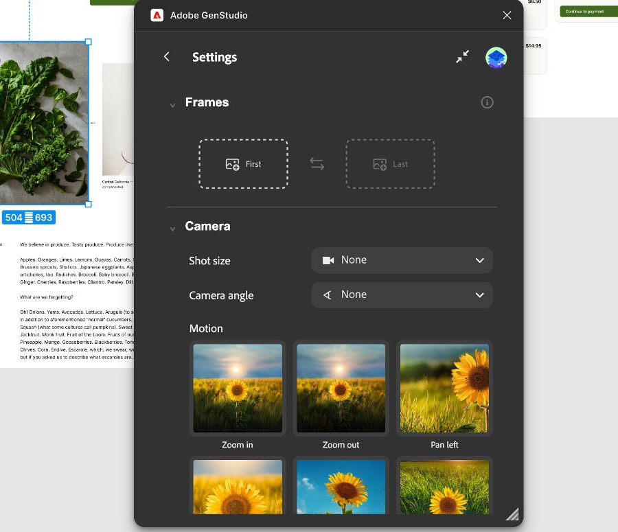 Adobe GenStudioの設定パネル。先頭フレームの入力欄の下に、ショットサイズ、カメラアングル、ズームやパンを含むモーションオプションの個別カメラコントロールが表示されている。